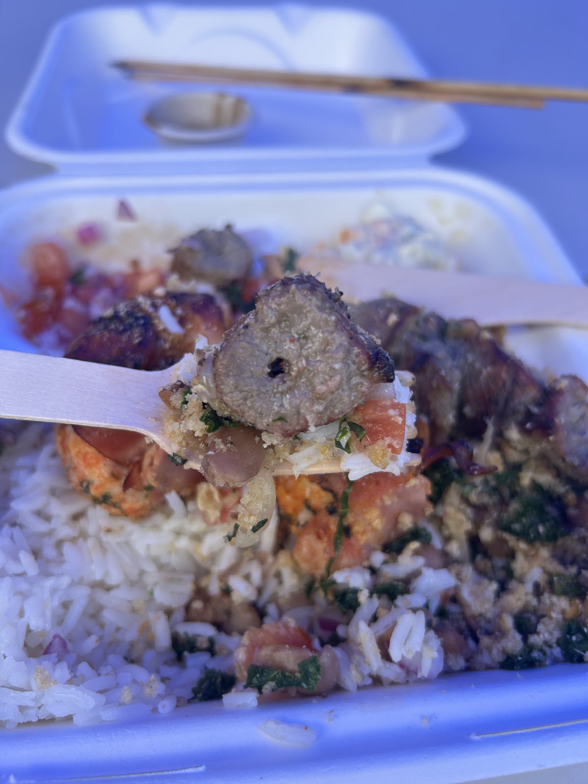 A forkful of beef, rice and salsa from a prato feito