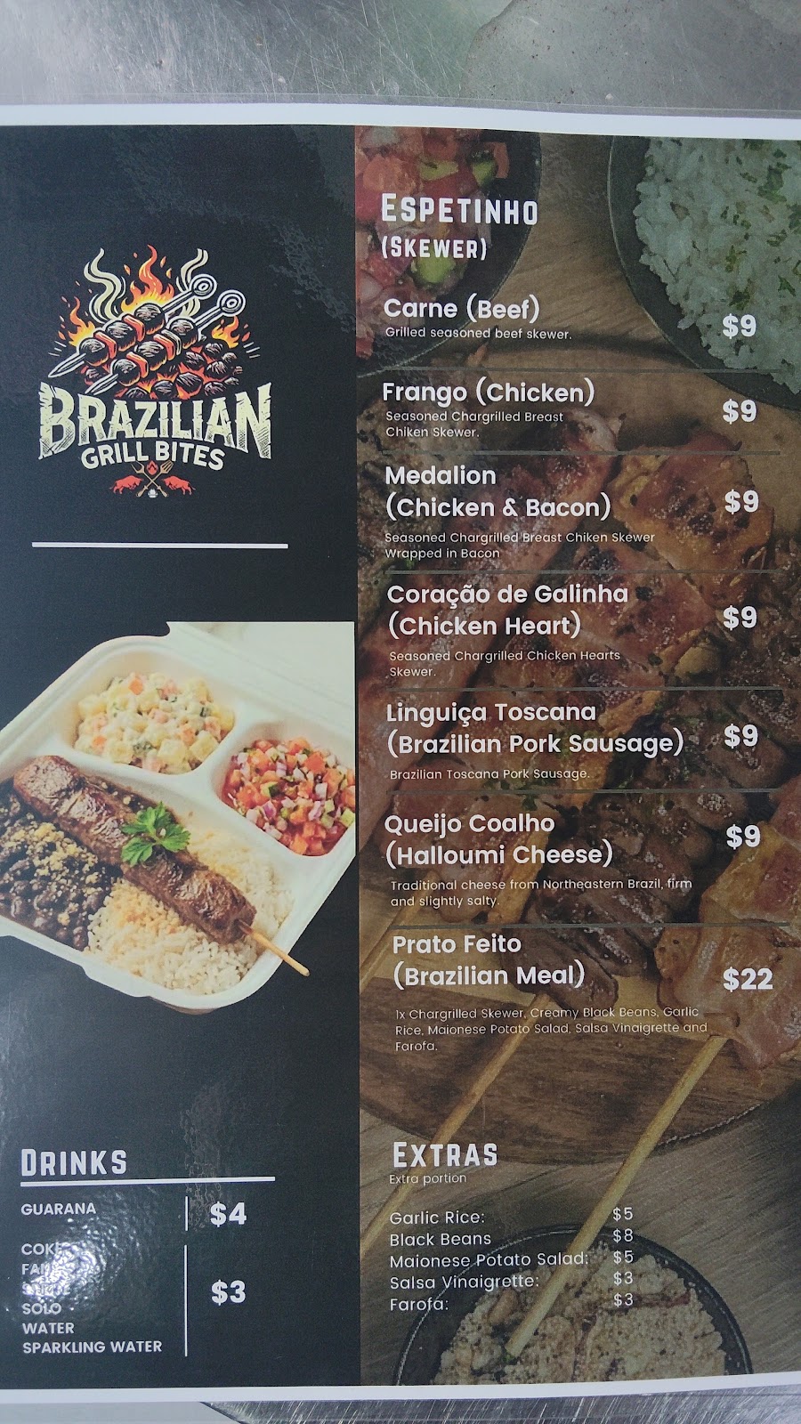 The printed Brazilian Grill Bites menu board at the tent
